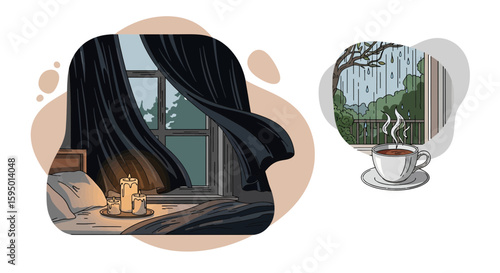 Cozy indoor and outdoor scenes with candles and rain on window