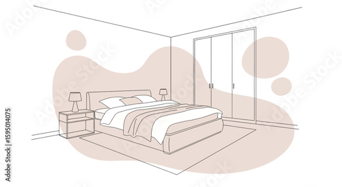 Minimalist bedroom interior with bedside lamps and closet
