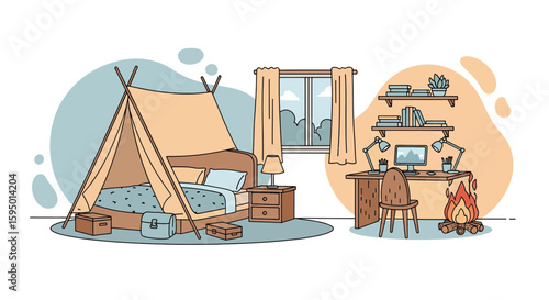Cozy indoor room with bed, desk, and camp tent setup