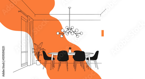 Modern dining room with pendant chandelier and dining table