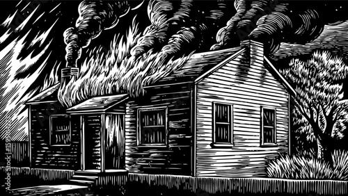 House fire illustration black and white drawing of burning building danger emergency disaster tragedy 100 char