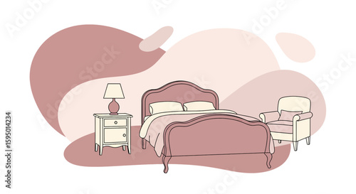 Elegant bed with nightstand and armchair in cozy bedroom setting