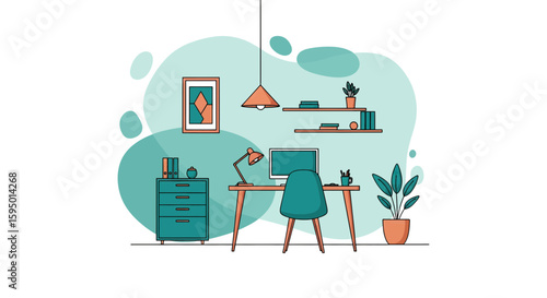 Modern interior office space with desk and shelves