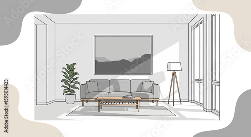 Living room interior with sofa, plant, and floor lamp