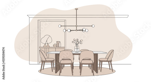 Modern dining room with six chairs and pendant chandelier