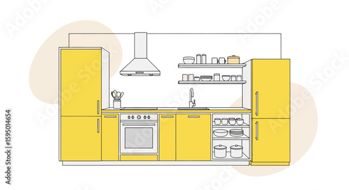 modern kitchen with yellow cabinets and open shelving