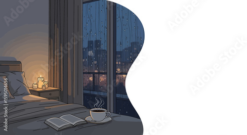 Cozy bedroom scene with rain outside and warm candles inside