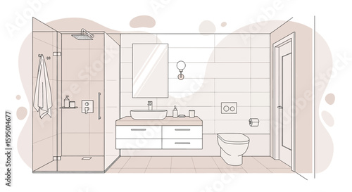 Modern bathroom with shower, vanity, toilet and wall mirror