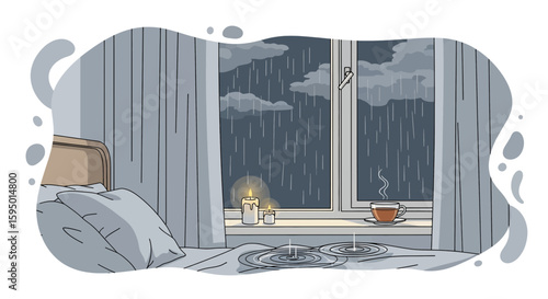 Cozy bedroom with rain outside and burning candles on windowsill