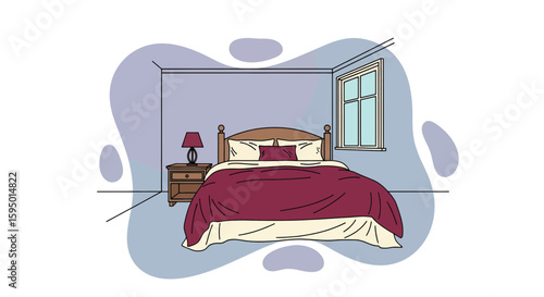 Bedroom with bed and bedside table with lamp near window