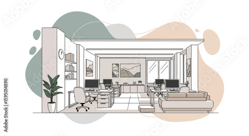 modern office with desks computers and seating arrangement