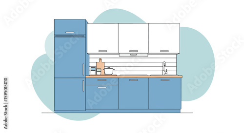 modern kitchen with blue cabinets and wooden countertop