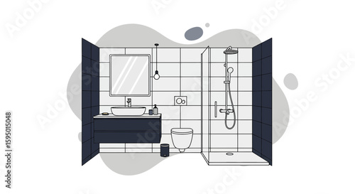 Modern bathroom with shower and vanity with mirror
