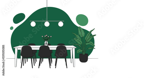 Modern dining room with table chairs pendant lamp and potted plant