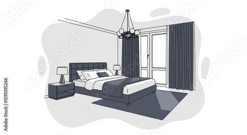 Modern bedroom interior with bed curtains and lamps