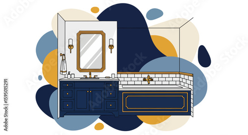 Bathroom with navy blue and gold fixtures and abstract wall art