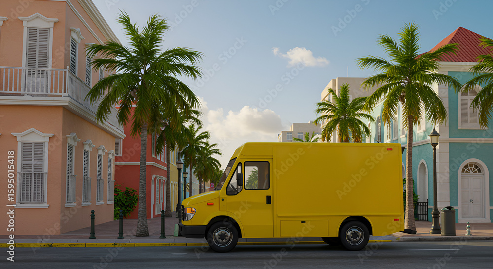 Fototapeta premium Bright yellow delivery truck on a tropical street with colorful buildings