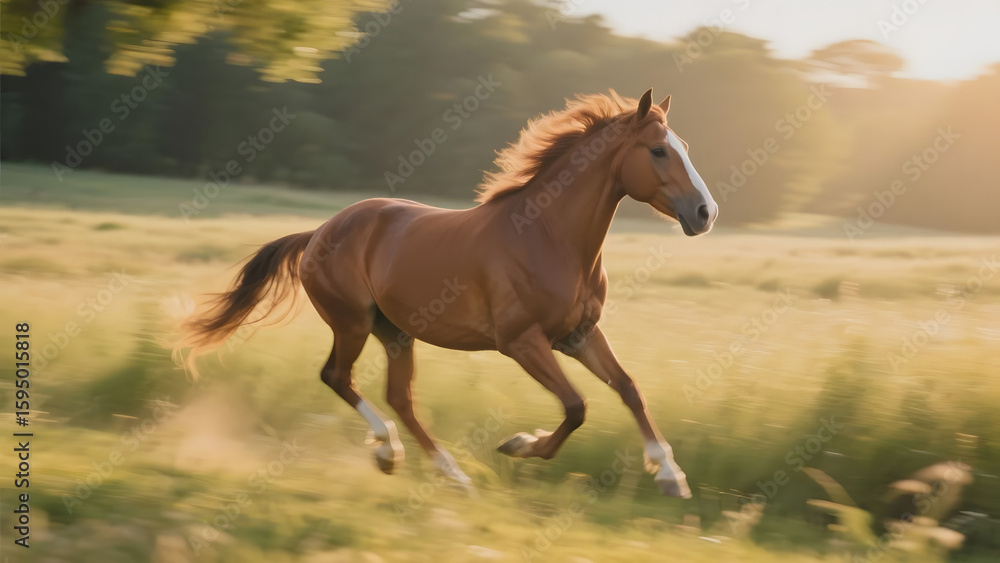 Obraz premium A chestnut horse gallops freely across a sunlit meadow.