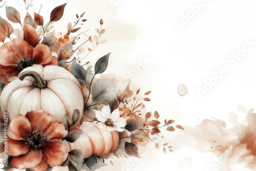 Autumnal Pumpkins and Leaves Watercolor Design, space for text