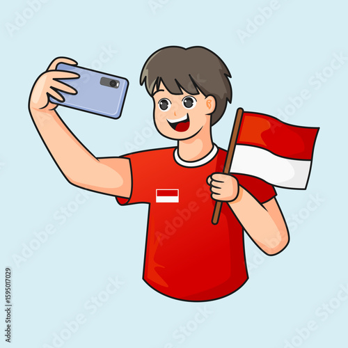 Cartoon boy holding Indonesian flag and taking selfie with smartphone. Independence Day celebration on blue background