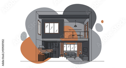 Modern two-story living room with kitchen and balcony