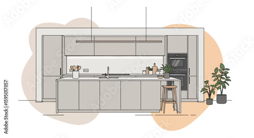 Modern kitchen with cabinets and plants in soft neutral tones