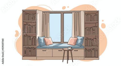 cozy window seat with cushions and bookcases in a living room