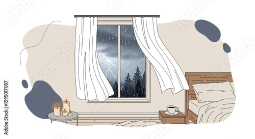 Cozy bedroom with window view of thunderstorm and lightning