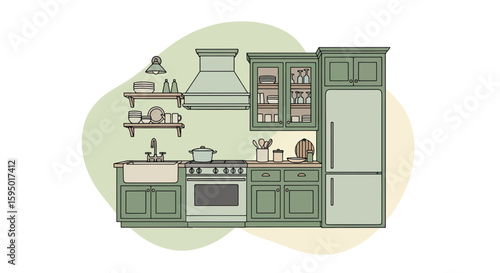 Kitchen with cabinets stove and refrigerator in pastel colors