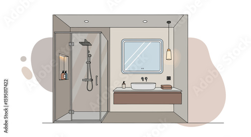 Modern bathroom with shower, sink, and mirror