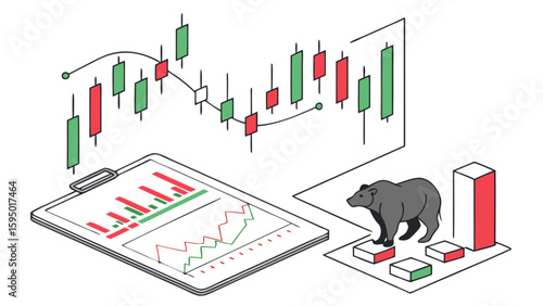 Analyzing stock market trends and financial data with candlestick charts and bear market representation for investors