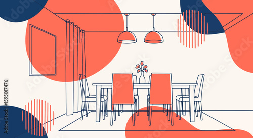 Modern dining room with table chairs and pendant lights