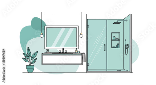Modern bathroom with shower and vanity with mirror