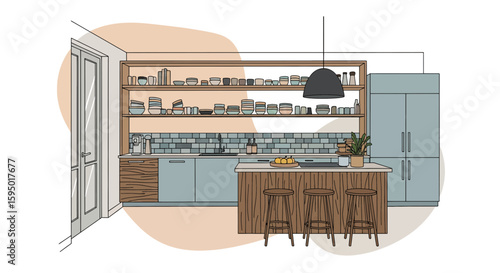 modern cozy kitchen with open shelves and island counter