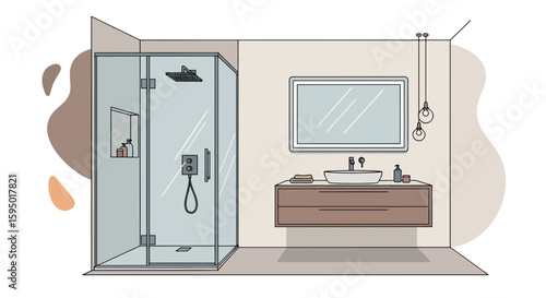 Modern bathroom with shower and vanity with mirror
