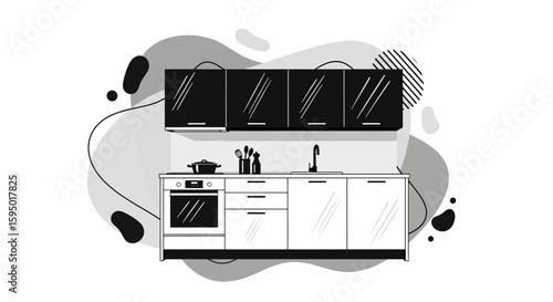 Kitchen with cabinets stove and sink black and white