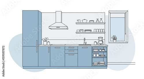Modern kitchen interior with cabinetry and shelves for home design