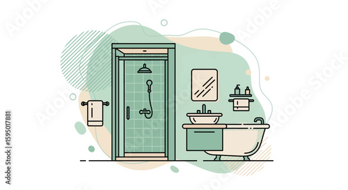 Bathroom with shower, sink, mirror, and bathtub in modern style