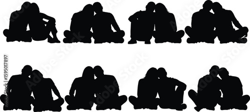 Romantic couple silhouette sitting together, love relationship concept, intimate pose, emotional bonding, affectionate pair, black shadow illustration, vector art