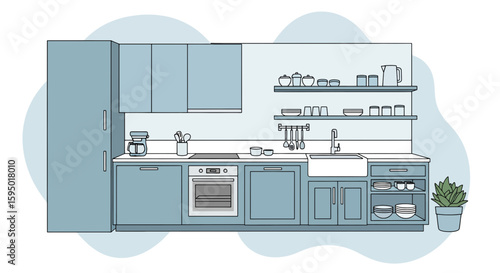 Kitchen with cabinets shelves and countertop showing utensils and appliances