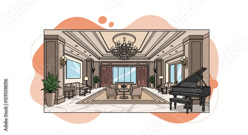 Elegant living room interior with chandelier and grand piano