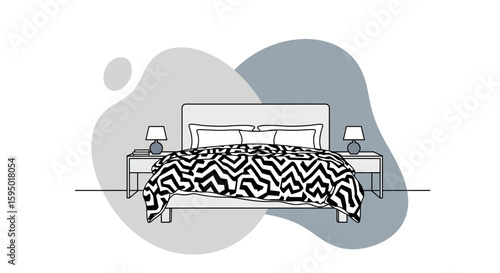 modern bedroom with patterned bedding and bedside tables