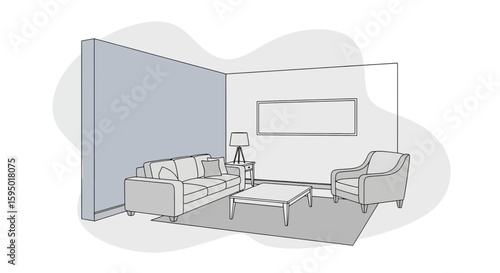 Modern living room with sofa armchairs and wall art
