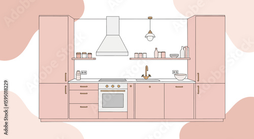 Minimalist kitchen with pastel pink cabinets and open shelving