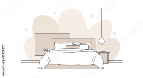 Minimalist bedroom scene with bed, pillows, and bedside table