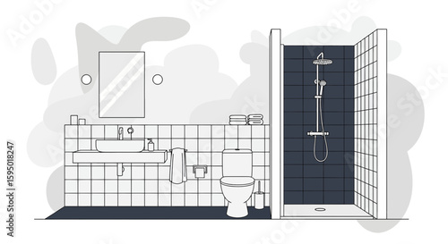 Modern bathroom with sink toilet and shower area