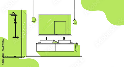 Modern bathroom with double sinks and shower area