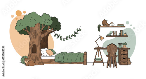 woodland themed indoor bedroom with tree and study area