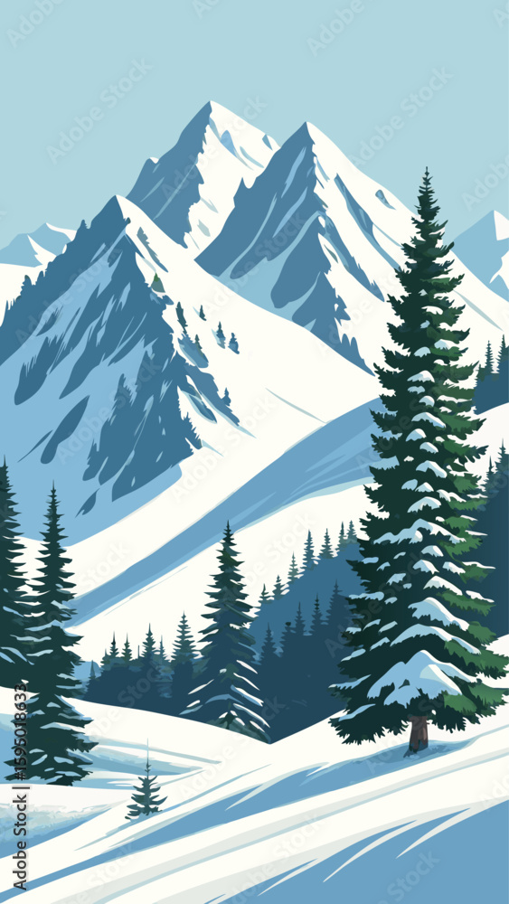 Fototapeta premium Snow Covered Mountain Landscape with Pine Trees View