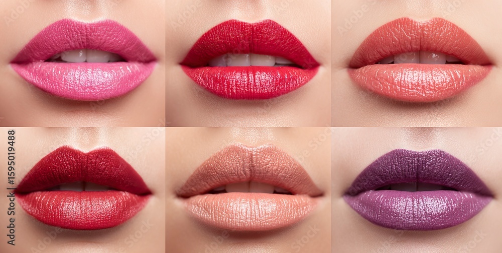 Obraz premium Set of beautiful women's lips with different lipsticks, lipstick color swatches on the face, in pink, red, purple, and beige. Beauty set collection, cosmetic and makeup concept, isolated background, 
